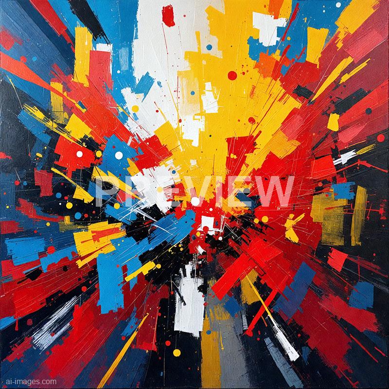 The image features an abstract painting with vibrant splashes of color including red, yellow, blue, black, and white. The composition is dynamic, with sharp, angular brush strokes radiating outward from the center, creating a sense of explosion or burst of energy. Small dots and splatters of paint are scattered throughout, adding texture and movement to the piece.